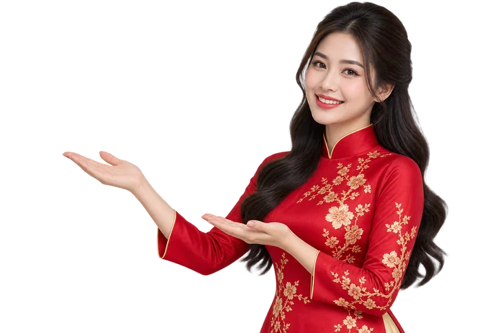 Nhân viên tư vấn trong trang phục áo dài đỏ